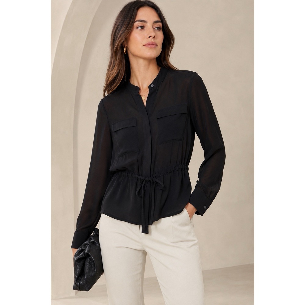 Banana Republic Black Sheer Blouse Small Whimsygoth Dark Feminine Tie Waist